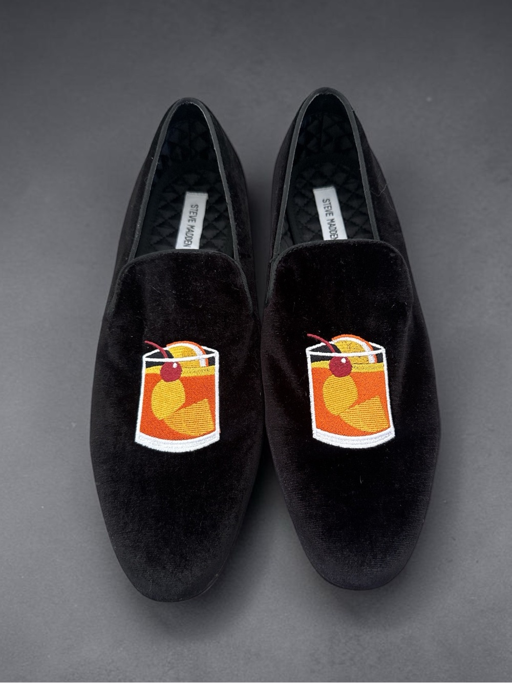 Steve Madden Black Velvet Loafers with Orange Cocktail Patch